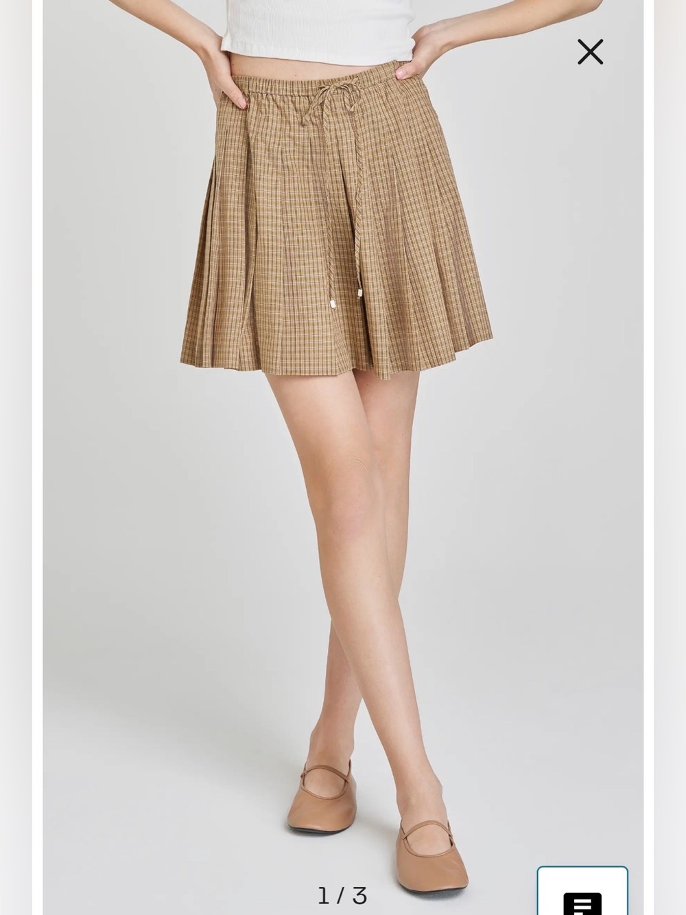 NWOT- WAYF Sarah Plaid Cotton Drawstring Miniskirt, Khaki Plaid, size Small